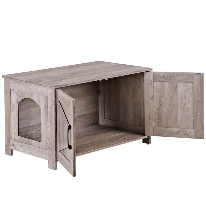 SUPERDEAL Cat Litter Box Enclosure Wooden Cat Washroom Furniture Hidden with Barn Door Stylish Cat House