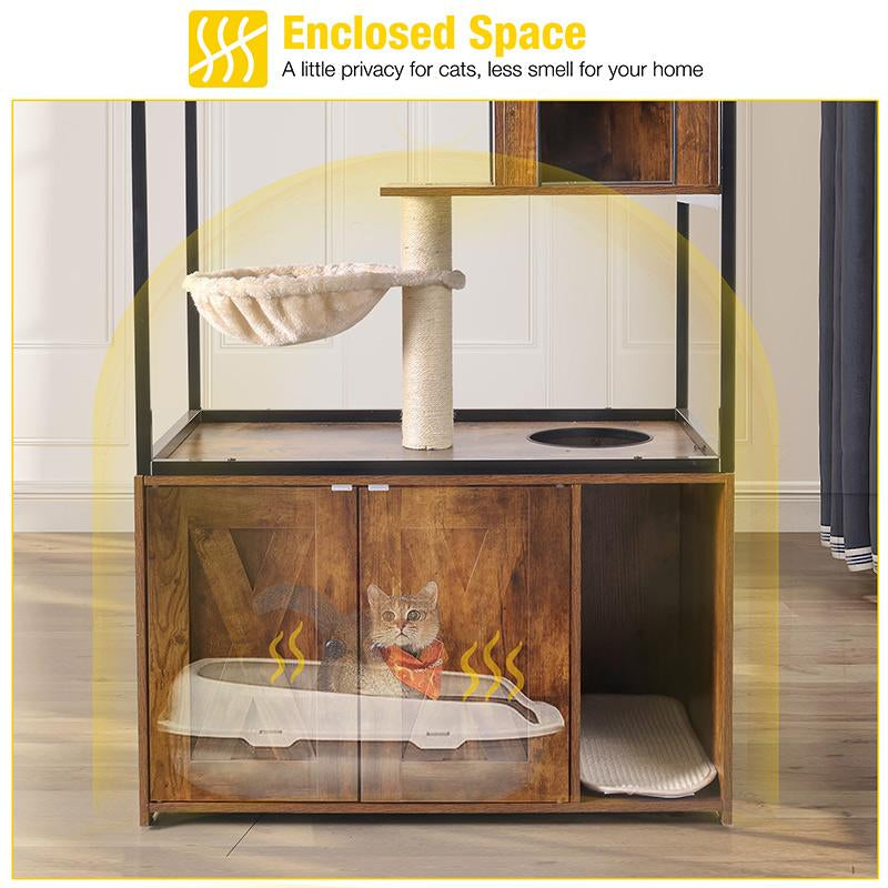 Aivituvin-Air102 Wooden 3-Story Cat Condo with Litter Box Enclosure| Strong Iron Frame