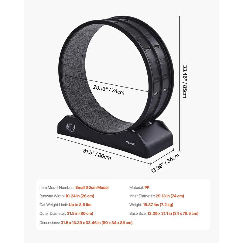 VEVOR Cat Exercise Wheel, 31.5 In, Large Cat Running Wheel with Secure Brake & Carpeted Runway, Quiet Operation Cat Treadmill, Indoor Cats Exerciser Wheel for Pets Weight Loss & Health Black