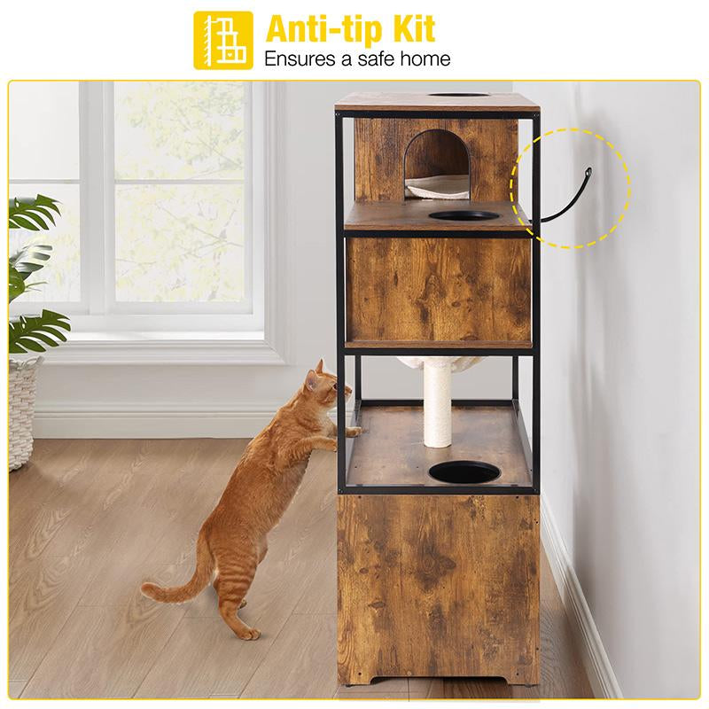 Aivituvin-Air102 Wooden 3-Story Cat Condo with Litter Box Enclosure| Strong Iron Frame