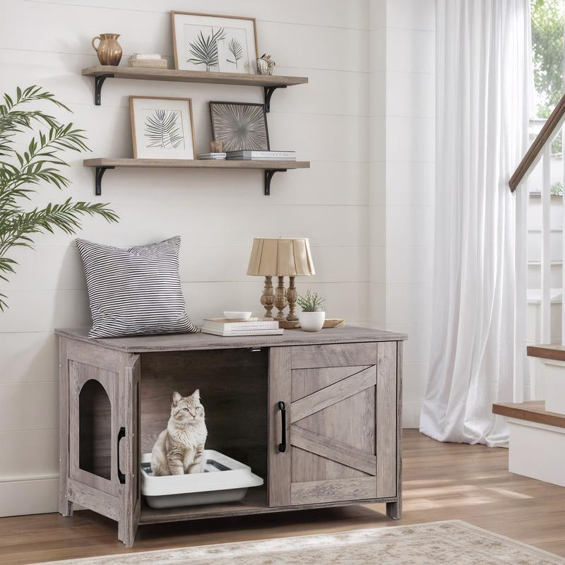 SUPERDEAL Cat Litter Box Enclosure Wooden Cat Washroom Furniture Hidden with Barn Door Stylish Cat House