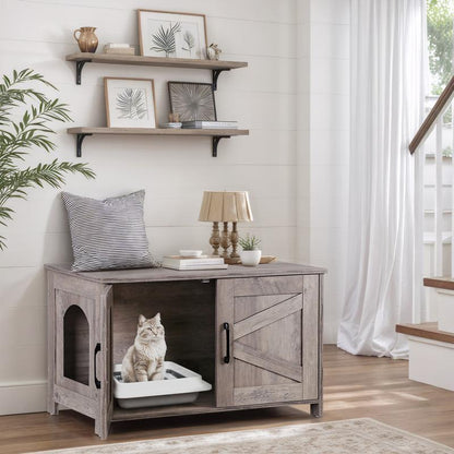 SUPERDEAL Cat Litter Box Enclosure Wooden Cat Washroom Furniture Hidden with Barn Door Stylish Cat House