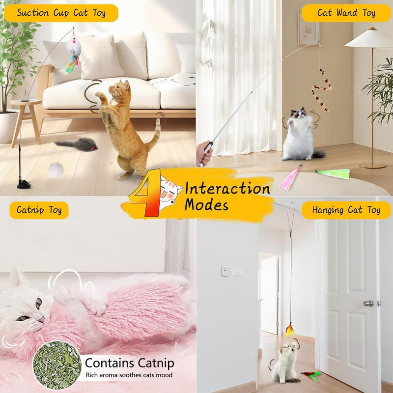 4-In-1 Interactive Indoor Cat Toy Teaser with Feather & Catnip Fun Hunting Game for Lazy Fat Cats Stimulates Play Exercise Happy Pet Gifts