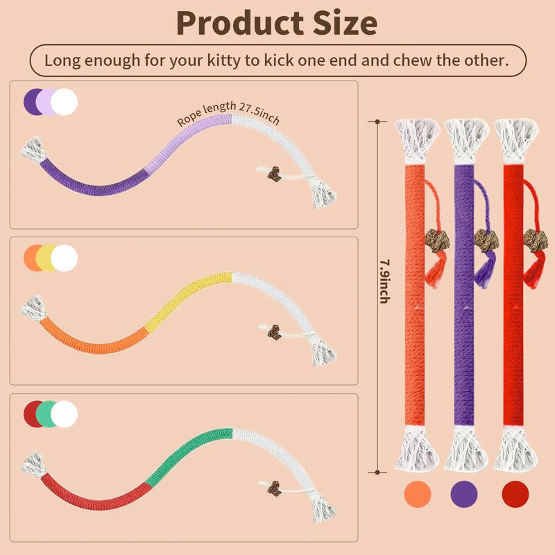 Cat Toy Chew Rope, 3-Piece Cat Toy Set, for Bored Indoor Adult Cats，Cat String Safety Teeth Cleaning Toy, Interactive Cat Bite and Kick Toy, Two Sizes