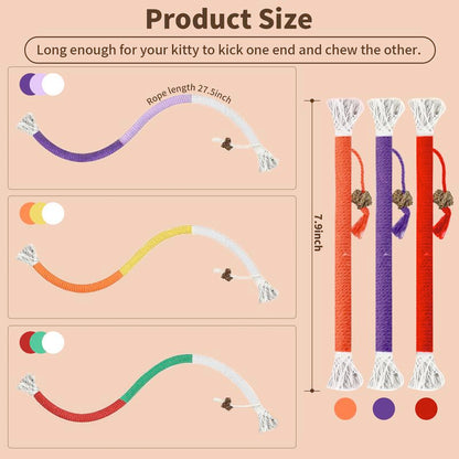 Cat Toy Chew Rope, 3-Piece Cat Toy Set, for Bored Indoor Adult Cats，Cat String Safety Teeth Cleaning Toy, Interactive Cat Bite and Kick Toy, Two Sizes