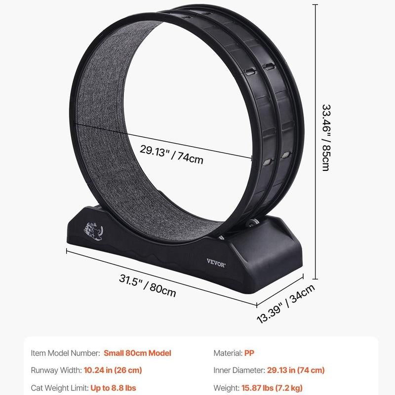 VEVOR Cat Exercise Wheel, 31.5 In, Large Cat Running Wheel with Secure Brake & Carpeted Runway, Quiet Operation Cat Treadmill, Indoor Cats Exerciser Wheel for Pets Weight Loss & Health Black