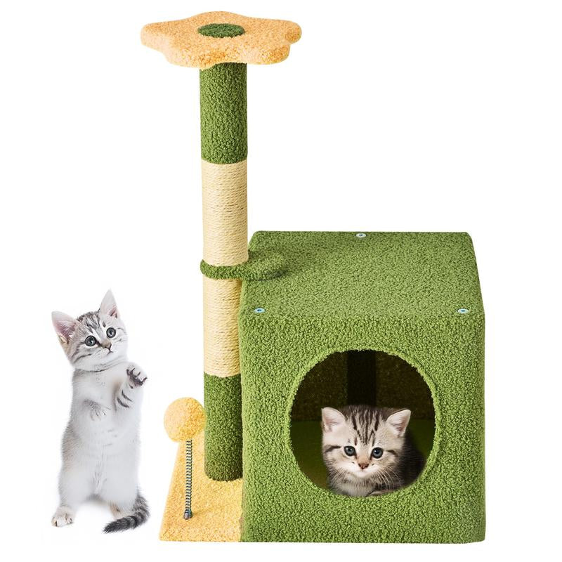 Wecharmer Cat Tree / Tower for Indoor Cats with Green Leaves, Cat Condo Cozy Plush Cat House with Hang Ball and Leaf Shape Design, Cat Furniture Pet House with Cat Scratching Posts Home Enclosed