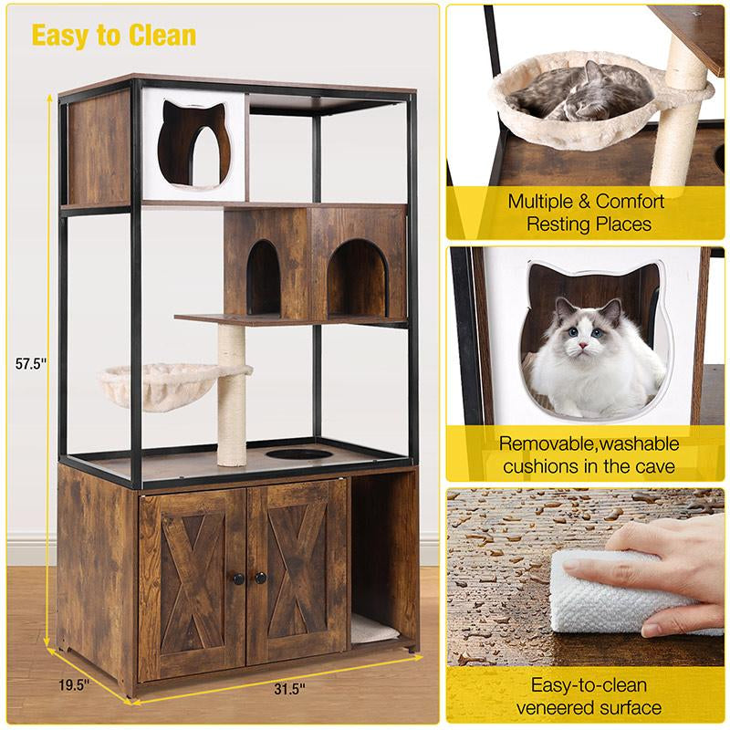Aivituvin-Air102 Wooden 3-Story Cat Condo with Litter Box Enclosure| Strong Iron Frame