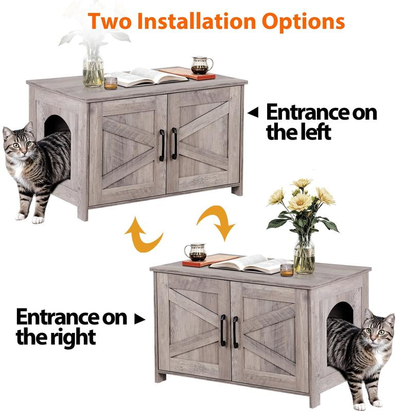SUPERDEAL Cat Litter Box Enclosure Wooden Cat Washroom Furniture Hidden with Barn Door Stylish Cat House