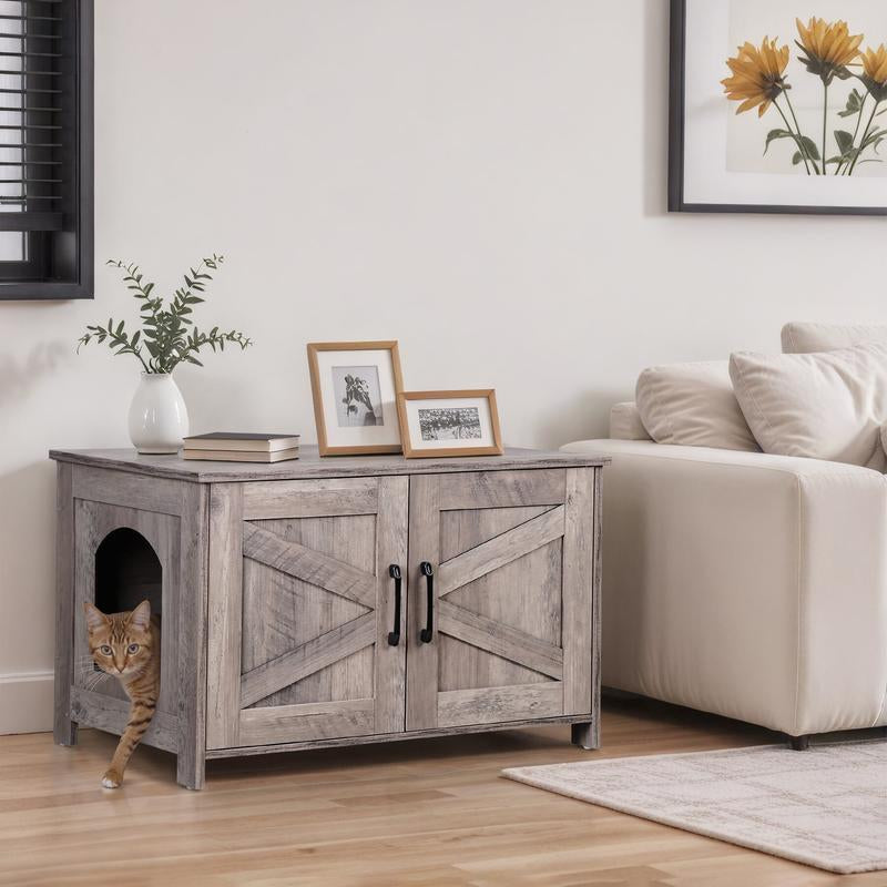 SUPERDEAL Cat Litter Box Enclosure Wooden Cat Washroom Furniture Hidden with Barn Door Stylish Cat House