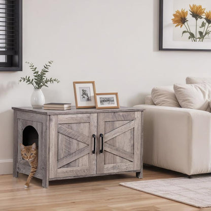 SUPERDEAL Cat Litter Box Enclosure Wooden Cat Washroom Furniture Hidden with Barn Door Stylish Cat House