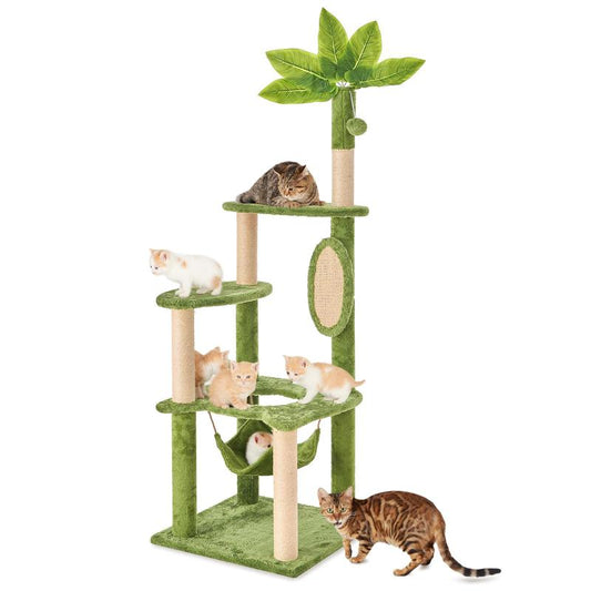 Wecharmer Cat Tree / Tower for Indoor Cats with Green Leaves, Cat Condo Cozy Plush Cat House with Hang Ball and Leaf Shape Design, Cat Furniture Pet House with Cat Scratching Posts Home Enclosed