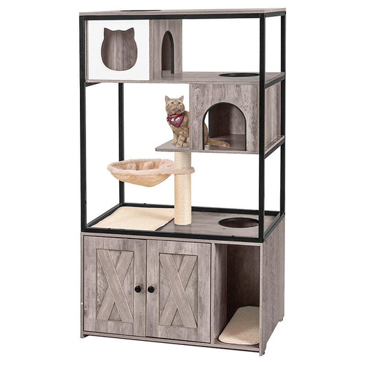 Aivituvin-Air102 Wooden 3-Story Cat Condo with Litter Box Enclosure| Strong Iron Frame