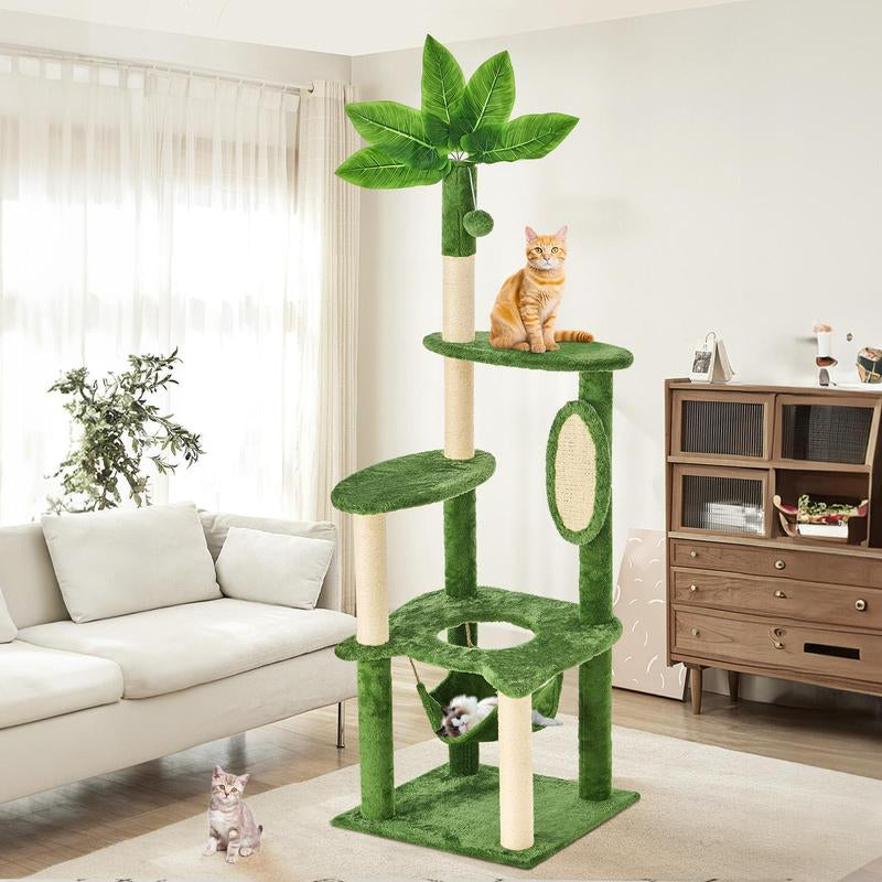 Wecharmer Cat Tree / Tower for Indoor Cats with Green Leaves, Cat Condo Cozy Plush Cat House with Hang Ball and Leaf Shape Design, Cat Furniture Pet House with Cat Scratching Posts Home Enclosed