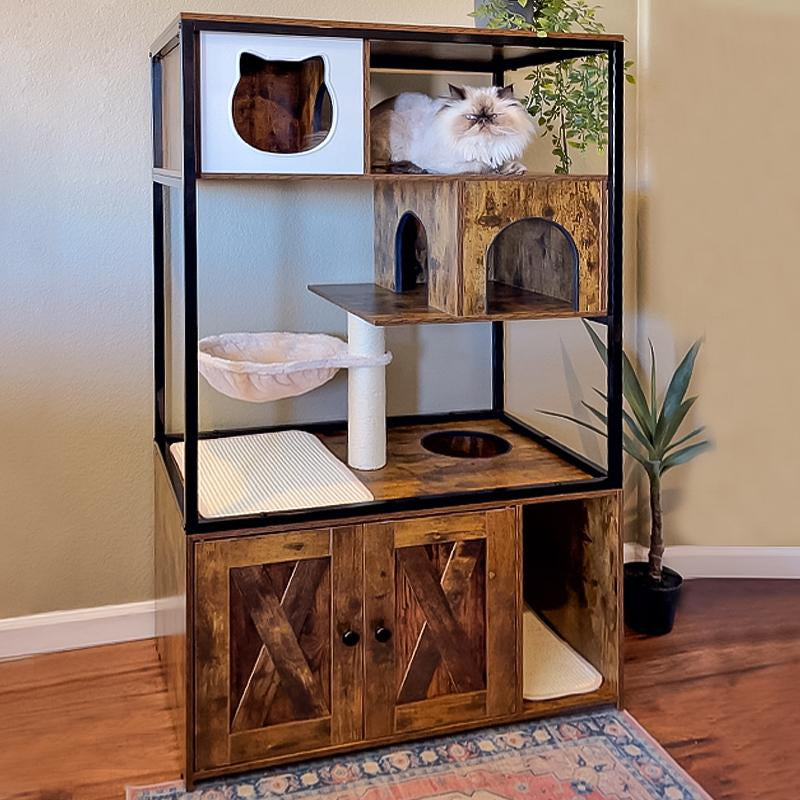 Aivituvin-Air102 Wooden 3-Story Cat Condo with Litter Box Enclosure| Strong Iron Frame