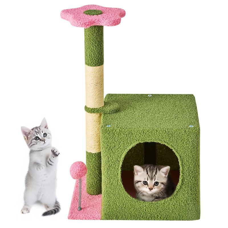 Wecharmer Cat Tree / Tower for Indoor Cats with Green Leaves, Cat Condo Cozy Plush Cat House with Hang Ball and Leaf Shape Design, Cat Furniture Pet House with Cat Scratching Posts Home Enclosed