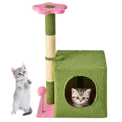 Wecharmer Cat Tree / Tower for Indoor Cats with Green Leaves, Cat Condo Cozy Plush Cat House with Hang Ball and Leaf Shape Design, Cat Furniture Pet House with Cat Scratching Posts Home Enclosed