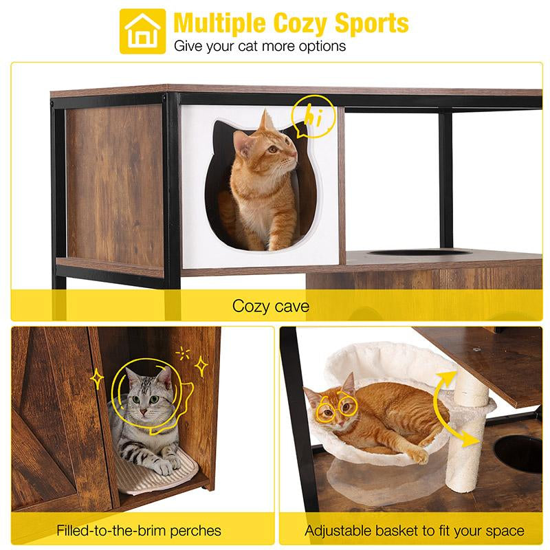 Aivituvin-Air102 Wooden 3-Story Cat Condo with Litter Box Enclosure| Strong Iron Frame