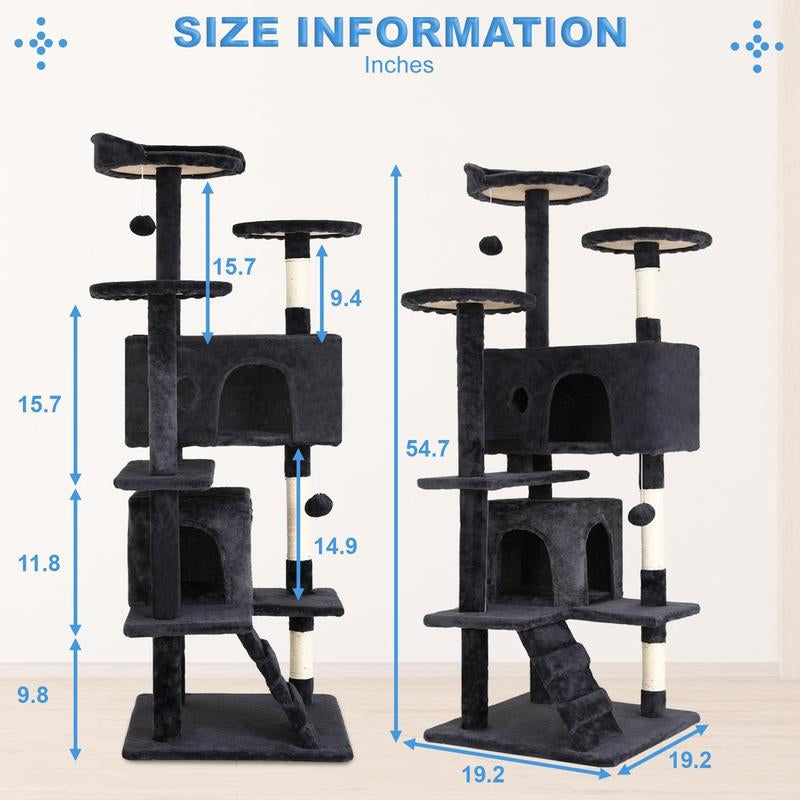 Cat Tree 54In Cat Tower Multi-Level Durable Cat Scratching Post & Cozy Fun Cat Jumping Platform Space Saving Cat Condo Pet Play House for Indoor Cats,Dark Gray