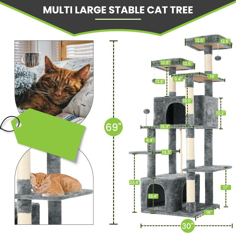 Wecharmer Cat Tree / Tower for Indoor Cats with Green Leaves, Cat Condo Cozy Plush Cat House with Hang Ball and Leaf Shape Design, Cat Furniture Pet House with Cat Scratching Posts Home Enclosed