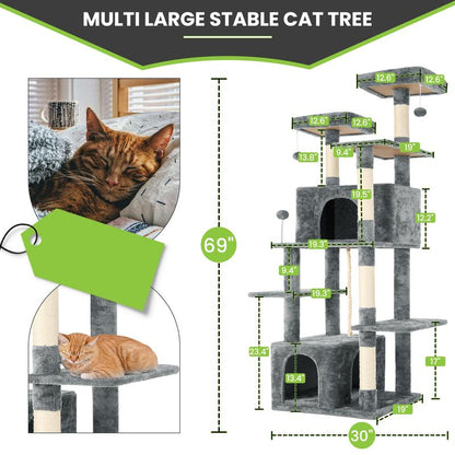 Wecharmer Cat Tree / Tower for Indoor Cats with Green Leaves, Cat Condo Cozy Plush Cat House with Hang Ball and Leaf Shape Design, Cat Furniture Pet House with Cat Scratching Posts Home Enclosed