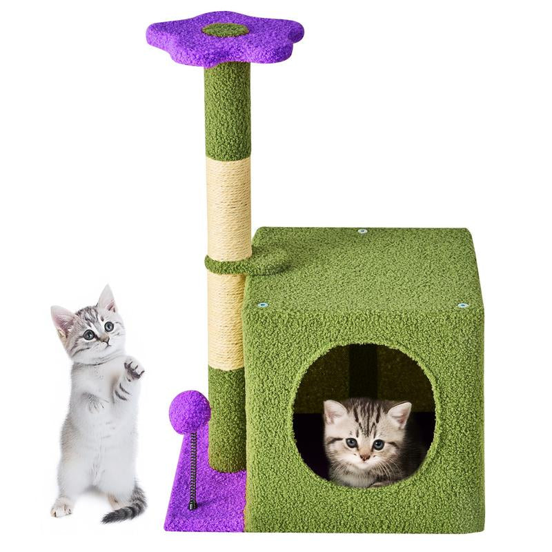 Wecharmer Cat Tree / Tower for Indoor Cats with Green Leaves, Cat Condo Cozy Plush Cat House with Hang Ball and Leaf Shape Design, Cat Furniture Pet House with Cat Scratching Posts Home Enclosed