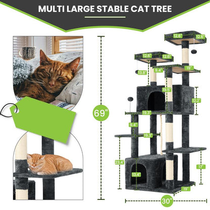 Wecharmer Cat Tree / Tower for Indoor Cats with Green Leaves, Cat Condo Cozy Plush Cat House with Hang Ball and Leaf Shape Design, Cat Furniture Pet House with Cat Scratching Posts Home Enclosed