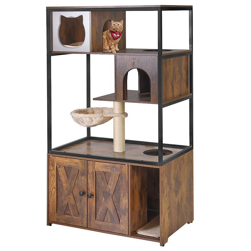 Aivituvin-Air102 Wooden 3-Story Cat Condo with Litter Box Enclosure| Strong Iron Frame