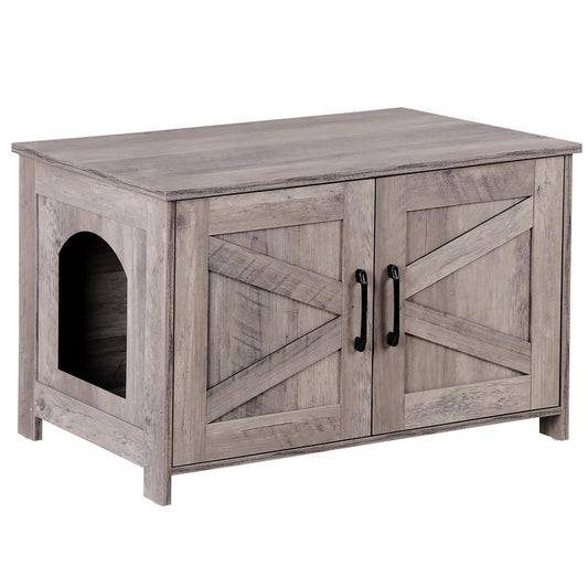 SUPERDEAL Cat Litter Box Enclosure Wooden Cat Washroom Furniture Hidden with Barn Door Stylish Cat House