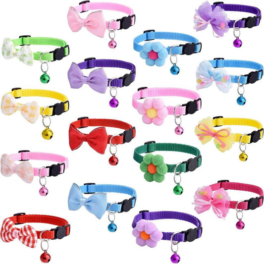 16 PCS Cute Cat Collar with Bells Kitten Collars for Girls Pink Cat Collar Breakaway Cat Collars for Girl Cats Small Kitten Collar with Bell Boy Pet Collar for Cats Kitten Supplies Flower Cat Collar
