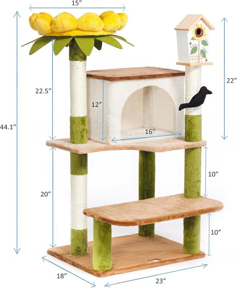 44.1 Inch Tall Cat Tree Flower Tower Condo Climbing for Indoor Cats Multi Level with Sisal Scratching Post Hammocks Pet House Play Furniture