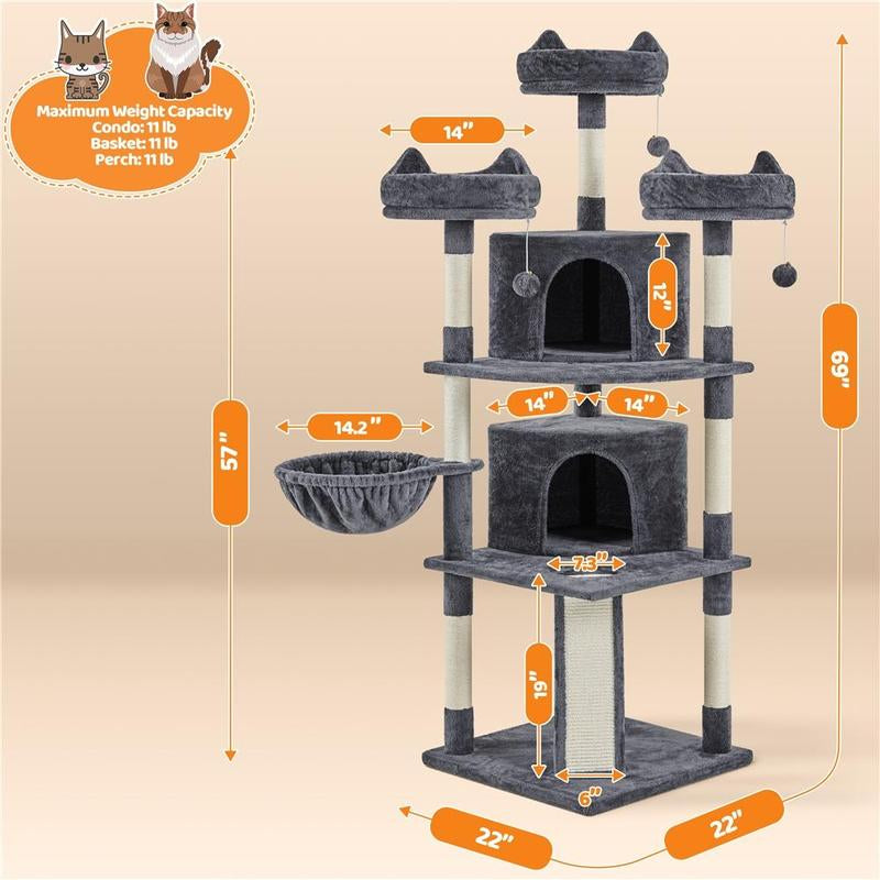Yaheetech 69″ Tall Large Cat Tree, Big Cat House, Plush Cat Tower with Condos, Platforms, Scratching Board, Scratching Posts, Multilevel Cat Tree for Kittens and Cats
